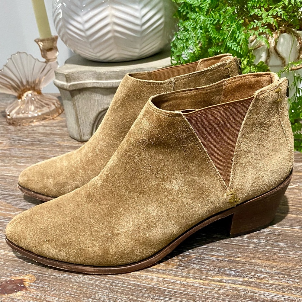 Trask ‘Tisha’ Boho Suede Leather Ankle Block Heel Bootie Boots 8.5 M Tan Brown